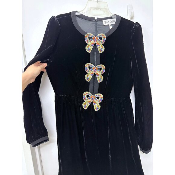 Saloni Camille Rainbow Crystal Bow Liquid Velvet Mini Dress Black US 10 - Picture 7 of 16